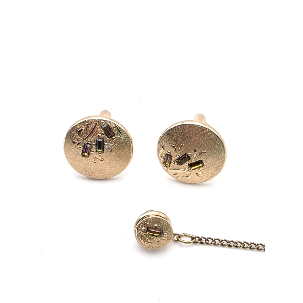 Vtg SWANK Cufflinks Tie‎ Tack Set Leaf Olive Faceted Crystals Gold Tone Textured